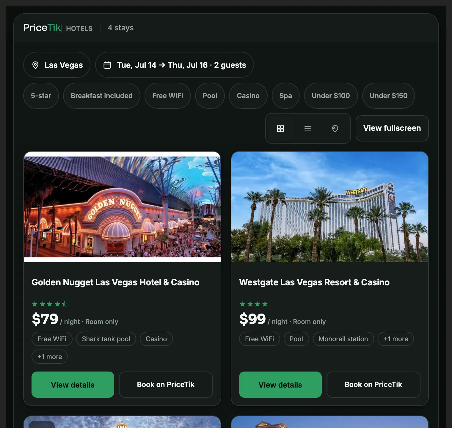 The live PriceTik hotel-search widget rendered inside an agent