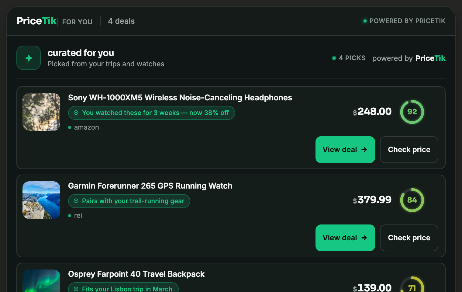 Preview of the deals-for-you widget